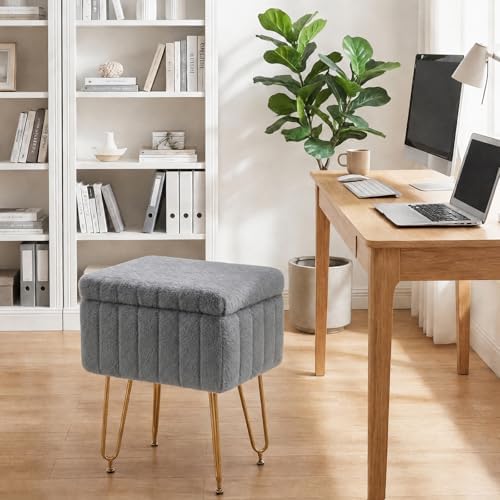 OLIXIS Vanity Stool Chair Faux Fur with Storage, Soft Ottoman 4 Metal Legs with Anti-Slip Feet, Makeup Cute Soft Small Footstool for Makeup, Cute Small Footrest for Dressing Table - Image 6