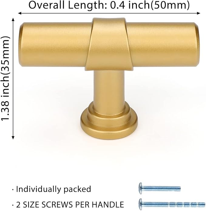 LONTAN 50 Pack Gold Cabinet Knobs Matte Gold Kitchen Cabinet Knobs for Dresser Drawers Brushed Gold T-bar Hardware for Dresser Bathroom