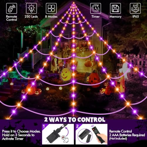 OCATO 200" Halloween Decorations Spider Web Lights Outdoor +59" Fake Spider - Image 3