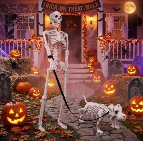 Lighted Human & Dog Skeleton Halloween Decorations Outdoor/Indoor - 36 Inch Realistic Full Body Movable Posable Skeleton Spooky Halloween Decor for Garden Yard Porch Party Haunted Graveyard - Image 3