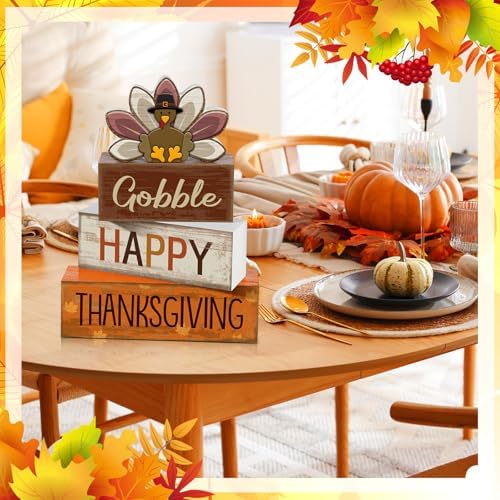 Lineshading 4 Pcs Fall Table Decor Wood Turkey Block Signs, Thanksgiving - Image 5