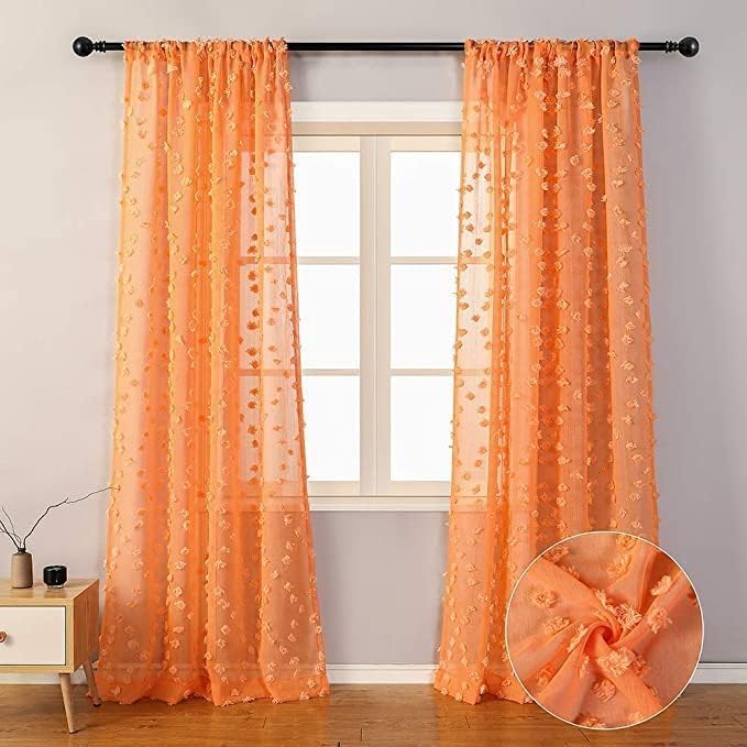 MYSKY HOME Pom Pom Orange Sheer Curtains for Bedroom Girls Room Curtains 84 Inches Long for Nursery Kids Light Filtering Boho Window Drapes, Rod Pocket, 52" Wide, 2 Panels
