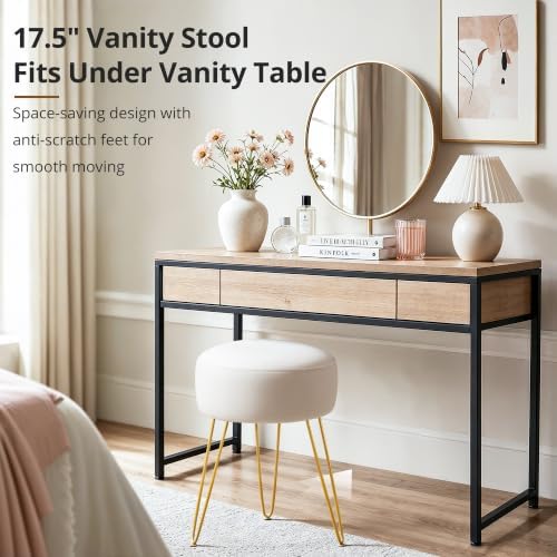 LUE BONA Vanity Stool, White Vanity Stools for Makeup Room, Round Ottoman Foot Stool, Velvet Footrest Vanity Chair for Bathroom Vanity, Bedroom, Living Room, Entryway, Offices - Image 4