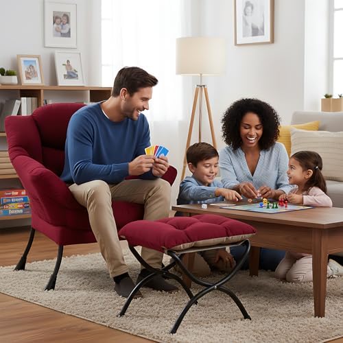 Welnow Lazy Chair with Ottoman, Reading Chair with Footrest,Burgundy - Image 2