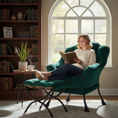 Welnow Lazy Chair with Ottoman, Reading Chair with Footrest,Dark Green - Image 2