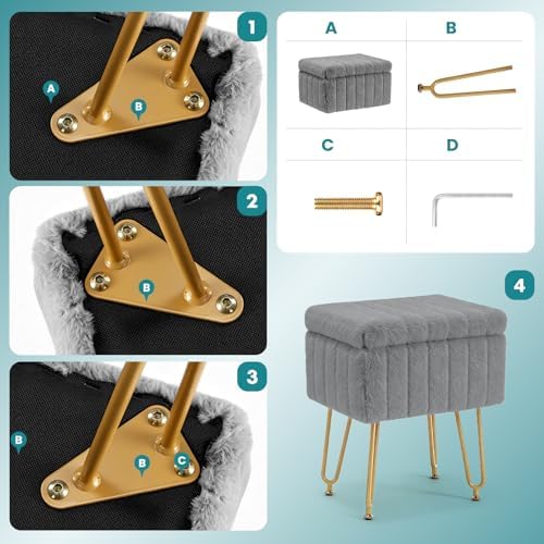 OLIXIS Vanity Stool Chair Faux Fur with Storage, Soft Ottoman 4 Metal Legs with Anti-Slip Feet, Makeup Cute Soft Small Footstool for Makeup, Cute Small Footrest for Dressing Table - Image 4