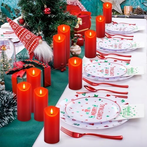 YOROXRG 24 Pack Christmas Decoration Flickering Flameless Candles,LED Candles Battery Operated Pillar Candles with Remote Control.for New Year, Home Decor, Parties,Wedding(D2.2 xH 5" 6" 7" Red) - Image 6