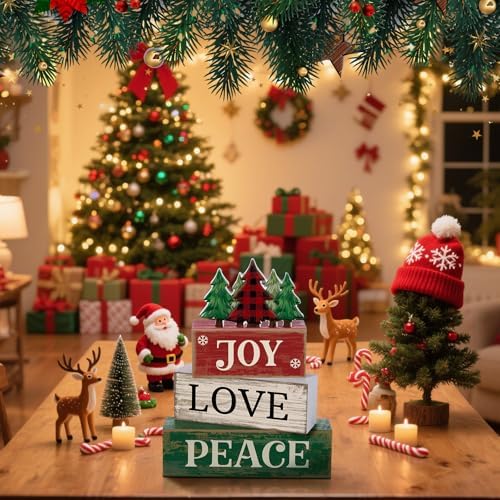 Lineshading 4 Pcs Christmas Table Decor Christmas Tree Block Signs Joy Love - Image 6