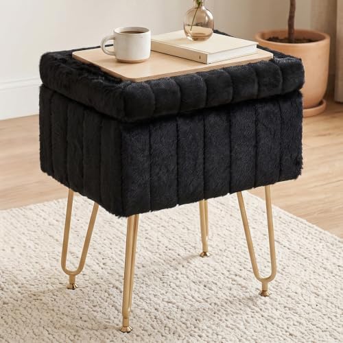DUMOS Vanity Stool Chair with Storage, Small Ottoman Faux Fur Soft Padded Footstools Seat with 4 Metal Legs Anti-Slip Adjustable Feet Modern Footrest for Home Entryway Bedroom Makeup Black by DumosLifestyle