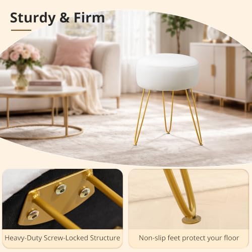 LUE BONA Vanity Stool, White Vanity Stools for Makeup Room, Round Ottoman Foot Stool, Velvet Footrest Vanity Chair for Bathroom Vanity, Bedroom, Living Room, Entryway, Offices - Image 5