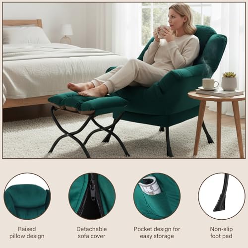 Welnow Lazy Chair with Ottoman, Reading Chair with Footrest,Dark Green - Image 4