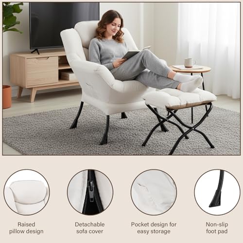 Welnow Lazy Chair with Ottoman, Reading Chair with Footrest, Beige - Image 6