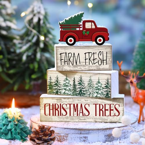 Lineshading 4 Pcs Christmas Table Decor, Red Truck Tree Wood Block Sign - Image 2