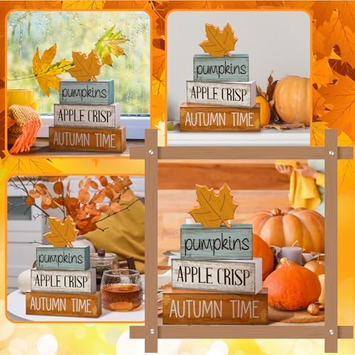 Lineshading 4 Pcs Fall Table Decor for Home, Wooden Maple Leaves Block Sign - Image 4