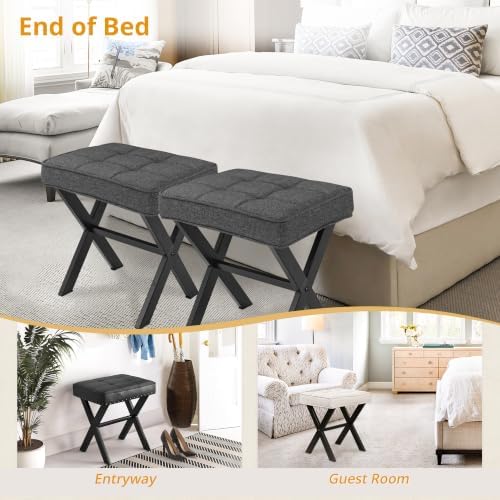 LUE BONA Vanity Stool, Square Linen Makeup Stool with Metal X Legs, Small Ottoman Stool Chair for Vanity, Modern Padded Vanity Seat Foot Rest Stool for Makeup Room, Living Room, Bathroom, Carbon Gray - Image 6