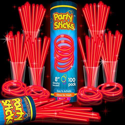 PartySticks Red Glow Sticks - 100pk, 8 Inch Glow in The Dark Light Up Sticks - Party Favors, Decorations, Necklaces and Bracelets with Connectors by PartySticks