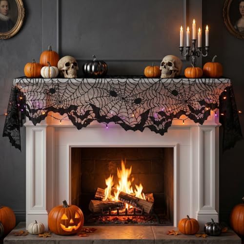 Black Lace Cobweb Halloween Fireplace Mantel Scarf Cover Decor, 18x96 in - Image 7
