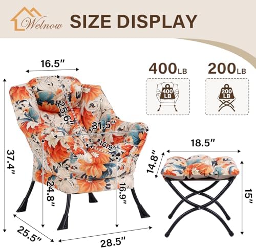 Welnow Lazy Chair with Ottoman, Reading Chair with Footrest,Orange Blue - Image 3