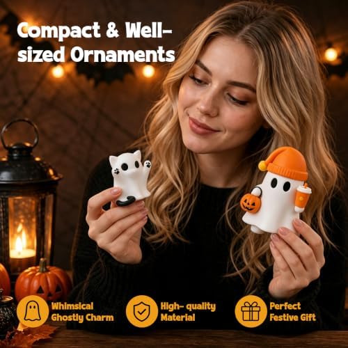 Cute Cat Halloween Ghost Figurine with Pumpkin Bucket and Orange Drink - Image 4