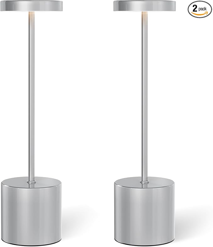 Cordless Table Lamp – 2 Pack Rechargeable Table Lamps, 5000mAh Battery Operated Lamp with 3-Color Dimmable Light, Outdoor Table Lamp for Bedroom, Restaurant, Patio, Home Décor (Silver)