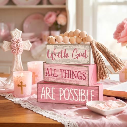 Lineshading 4 Pcs Christian Table Decor Pink God All Things are Possible - Image 2
