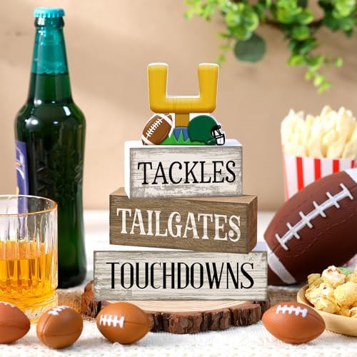 Lineshading 4 Pcs Fall Football Table Decor, Wood Block Sign Home Shelf - Image 5