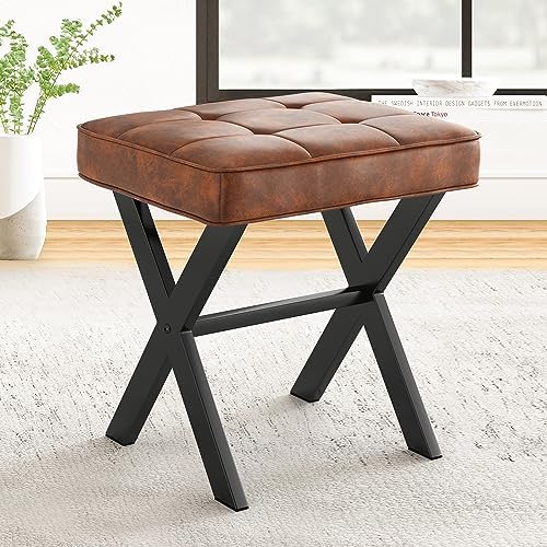 LUE BONA Vanity Stool, Square Faux Leather Makeup Stool with Metal X Legs, Small Ottoman Stool Chair for Vanity, Modern Padded Vanity Seat Foot Rest Stool for Makeup Room, Living Room, Reddish Brown by LUEBONA
