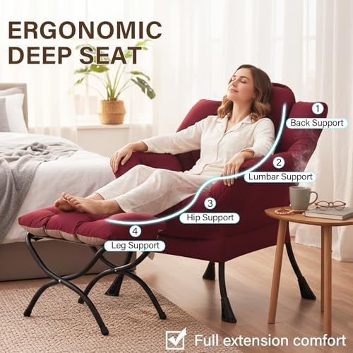 Welnow Lazy Chair with Ottoman, Reading Chair with Footrest,Burgundy - Image 6
