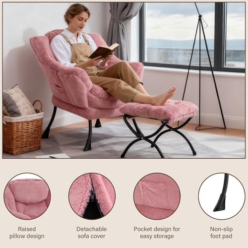 Welnow Lazy Chair with Ottoman, Reading Chair with Footrest, Dark Pink - Image 4