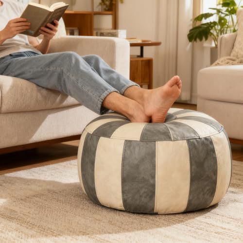 Thgonwid Unstuffed Moroccan Ottoman Pouf Cover, Ottoman Footstool Storage Solution, Bean Bag Chair, Foot Rest, Gray & Mushroom - Image 5