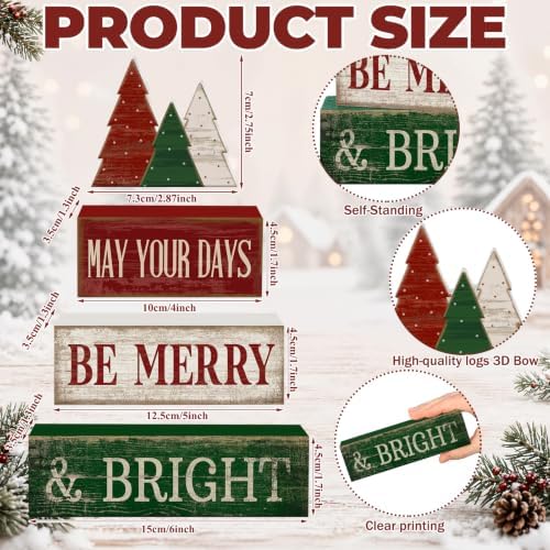Lineshading 4 Pcs Christmas Table Decor, Wooden Tree Block Signs Home - Image 6