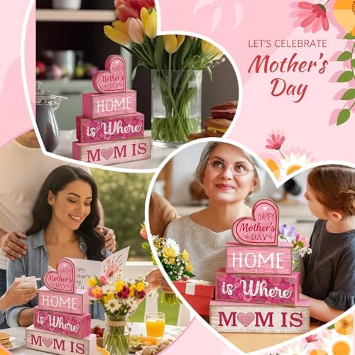 Lineshading 4 Pcs Wooden Block Signs Mothers Day Farmhouse Tabletop Decor - Image 6