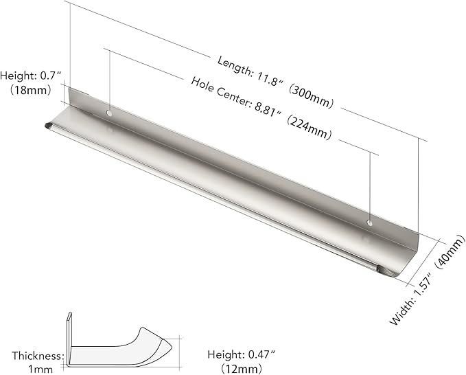 Ravinte Hardware 12 Pack Silver Cabinet Handles, 11.8 Inch (300mm) Finger Edge Pulls, 8.8 Inch Hole Center, Finger Pulls for Cabinets