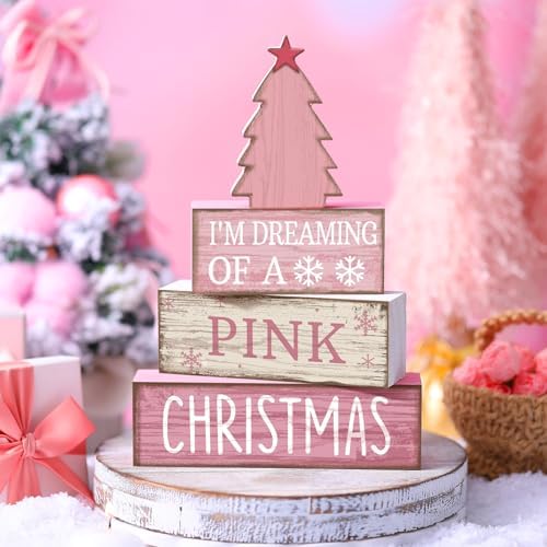 Lineshading 4 Pcs Pink Christmas Table Decor, Wooden Christmas Tree Signs - Image 2