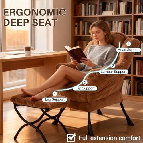 Welnow Lazy Chair with Ottoman, Reading Chair with Footrest, Brown - Image 5