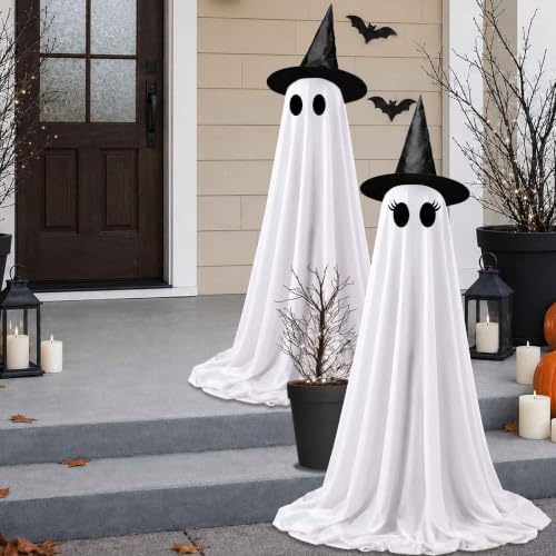 2 Pack Halloween Ghost Decorations, Light Up Ghosts with Witch Hat and Remote Control String Lights, Spooky DIY Ghost Kit for Outdoor Halloween Decorations Porch Yard Garden Lawn Indoor Party - Image 6