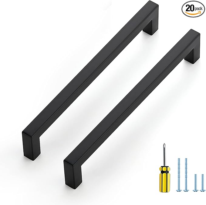 Ravinte 20 Pack Black Cabinet Pulls 7-1/2 Inch Square Kitchen Cabinet Handles Matte Black Kitchen Hardware for Drawer Pulls Drawer Handles Come with Screwdriver