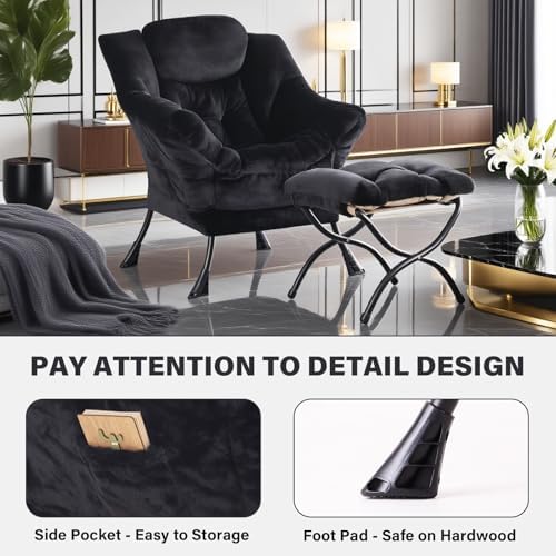 Tiita Lazy Chair with Ottoman, Comfy Reading Accent Chair, Plush Black - Image 5