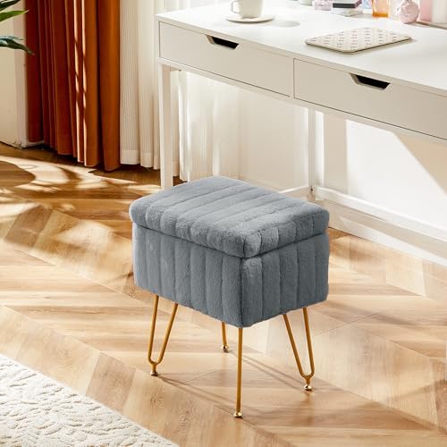 Sweetcrispy Vanity Stool Chair with Storage, 18.9”H x 16”L x 12.2”W Ottoman Chair Faux Fur Soft Padded Makeup Footstools Seat with 4 Metal Legs Anti-Slip Adjustable Feet for Make Up, Grey - Image 2