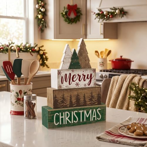 Lineshading 4 Pcs Christmas Table Decor Retro Christmas Tree Centerpiece with Buffalo Plaid Pattern Winter Tiered Tray Decor Rustic Wooden Pine Tree Xmas Decoration for Home Shelf Party Kitchen - Image 4