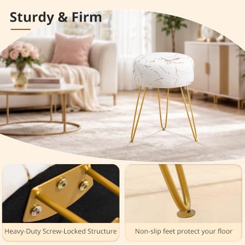 LUE BONA Vanity Stool, Gold Vanity Stools for Makeup Room, Round Ottoman Foot Stool, Velvet Footrest Vanity Chair for Bathroom Vanity, Bedroom, Living Room, Entryway, Offices, 300lbs - Image 5