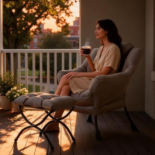 Tiita Lazy Chair with Ottoman, Comfy Reading Accent Chair, Khaki - Image 3