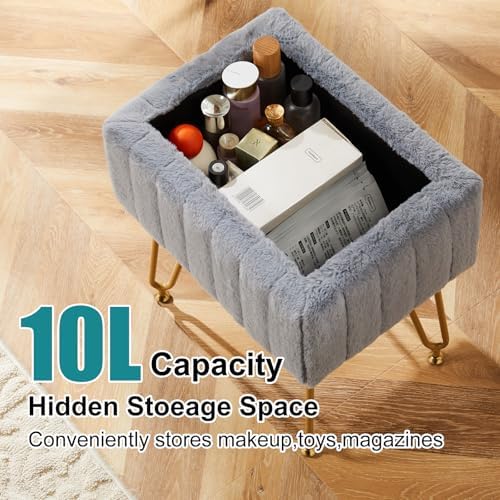 DUMOS Vanity Storage Ottoman Stool, Compact Faux Fur Footstool with Soft Seat, Modern Cute with 4 Metal Legs & Adjustable Feet for Bedroom, Living Room, Dressing Area & Dorm Grey - Image 3