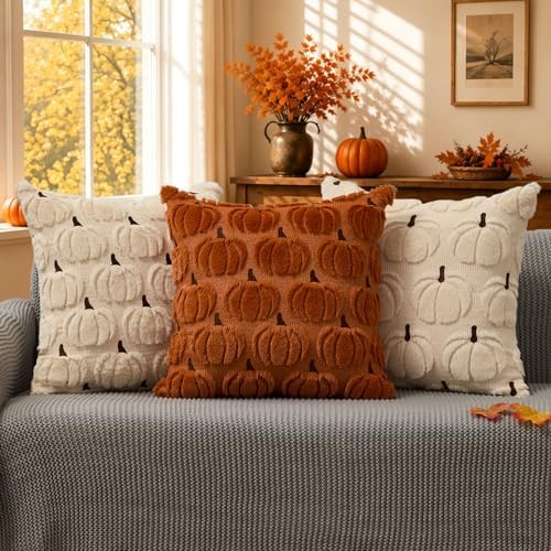 DFXSZ Fall Pillow Covers 16x16 2Pcs Beige Brown Pumpkin Fall Decorations - Image 3