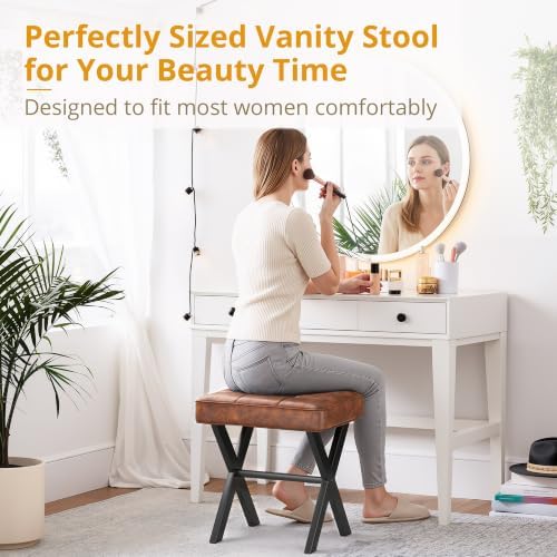 LUE BONA Vanity Stool, Square Faux Leather Makeup Stool with Metal X Legs, Small Ottoman Stool Chair for Vanity, Modern Padded Vanity Seat Foot Rest Stool for Makeup Room, Living Room, Reddish Brown - Image 3