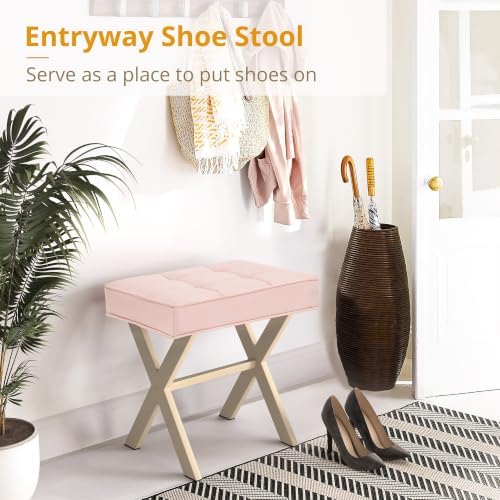 LUE BONA Vanity Stool, Square Linen Makeup Stool with Metal X Legs, Small Ottoman Stool Chair for Vanity, Modern Padded Vanity Seat Foot Rest Stool for Makeup Room, Bathroom, Pink Color - Image 5
