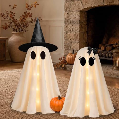 2 Pack 24 Inch Halloween Ghost Decorations, Light Up Ghosts with Witch Hats, DIY Spooky Ghost Decor with LED Lights for Porch Yard Lawn Garden Home Halloween Party - Image 6