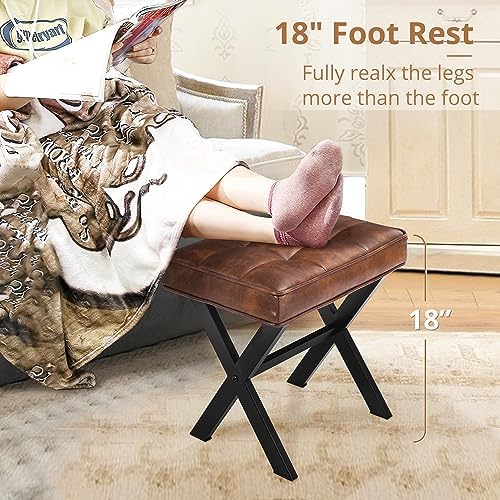 LUE BONA Vanity Stool, Square Faux Leather Makeup Stool with Metal X Legs, Small Ottoman Stool Chair for Vanity, Modern Padded Vanity Seat Foot Rest Stool for Makeup Room, Living Room, Reddish Brown - Image 2