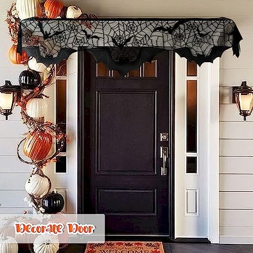 AerWo Halloween Decorations Indoor Fireplace Mantel Scarf, Black Lace Spiderweb Fireplace Cover for Halloween Mantle Decor Festive Party Supplies,20x79 inches - Image 4