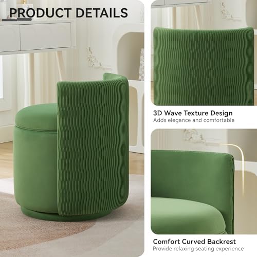 WUTUTUEE Velvet Vanity Chair with Storage, 360° Swivel Makeup Chair with Wave Back, No Assembly Small Accent Stool for Bedroom, Dressing, Living Room, Green - Image 3